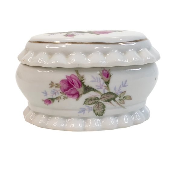 Vintage Trinket Box Pink Rose Ruffle Edge Gold Trim Jewelry Ring Coin Catch All - Picture 1 of 8